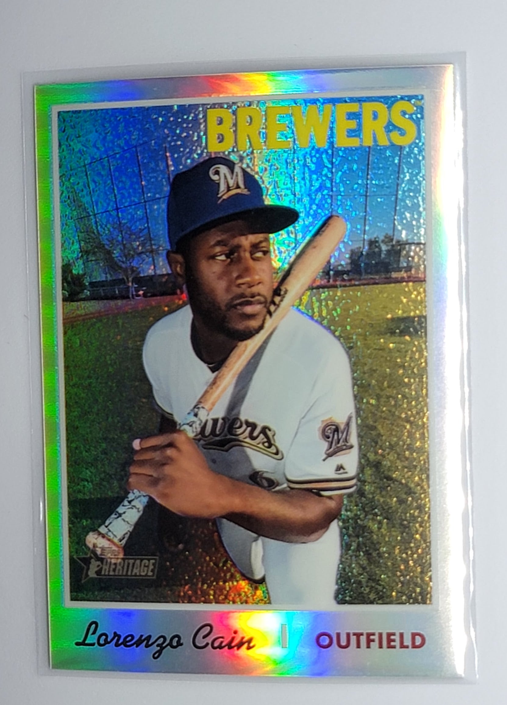 2019 Topps Heritage Lorenzo
  Cain Chrome Purple Refractor  Milwaukee
  Brewers Baseball Card  TH1CB simple Xclusive Collectibles