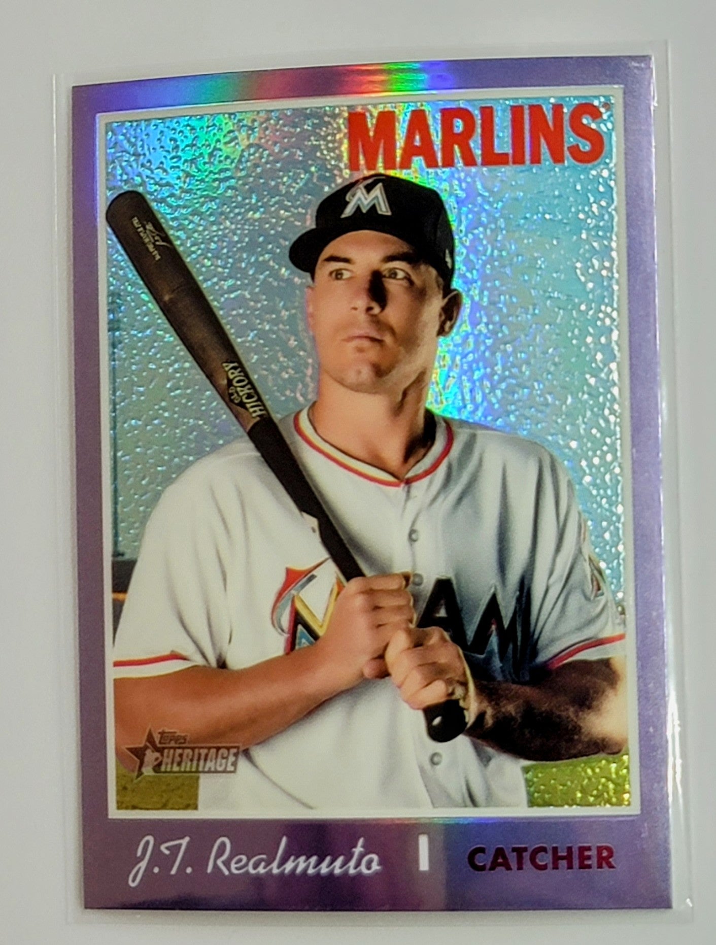 2019 Topps Heritage J.T.
  Realmuto Chrome Purple Refractor  Miami
  Marlins Baseball Card TH1C4 simple Xclusive Collectibles