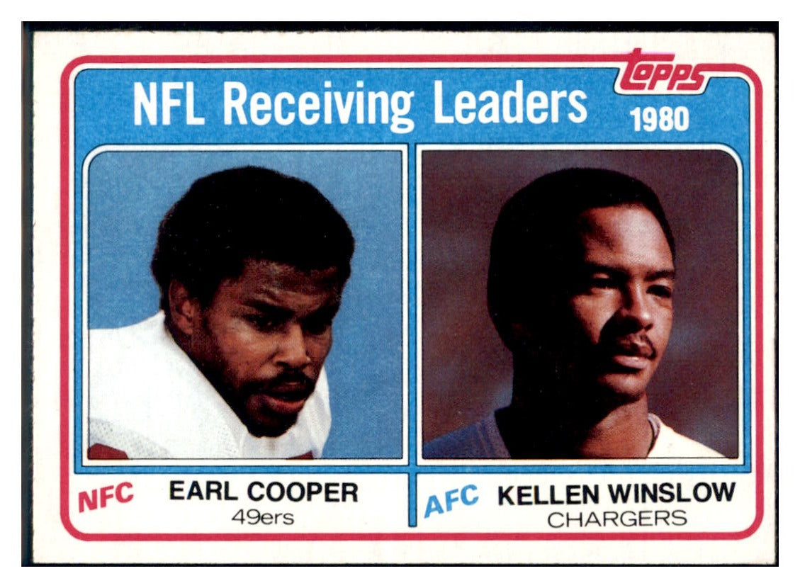1981 Topps 1980 Receiving
Leaders - Earl Cooper / Kellen Winslow LL
San Francisco 49ers / San Diego Chargers Football Card VFBMC simple Xclusive Collectibles