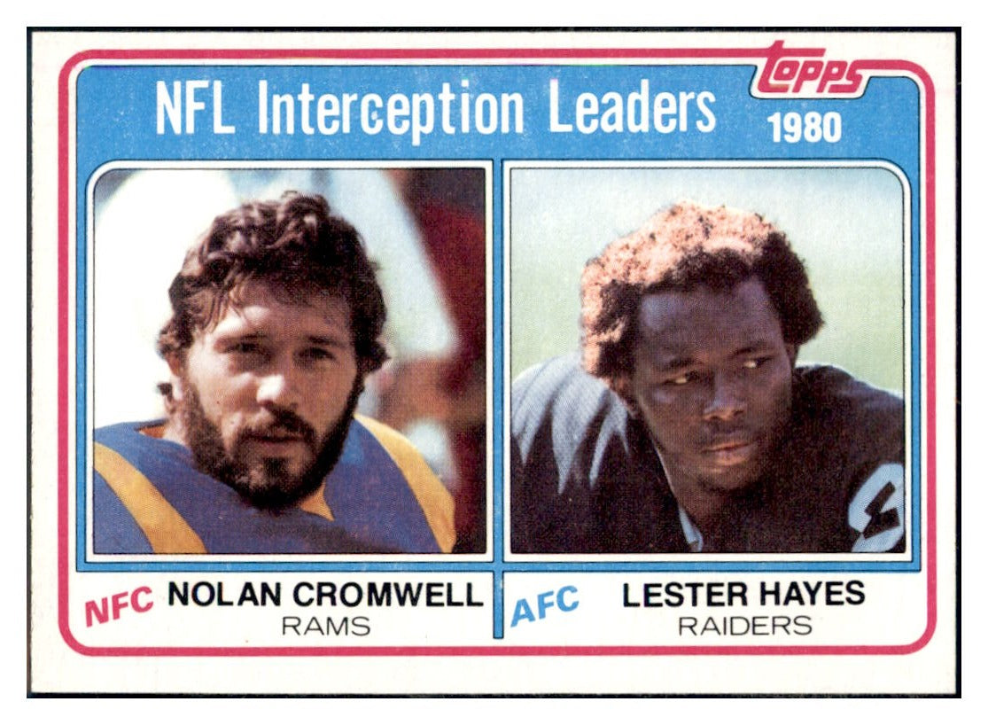 1981 Topps 1980 Interception
Leaders - Nolan Cromwell / Lester Hayes LL
Los Angeles Rams / Oakland Raiders
Football Card VFBMC simple Xclusive Collectibles