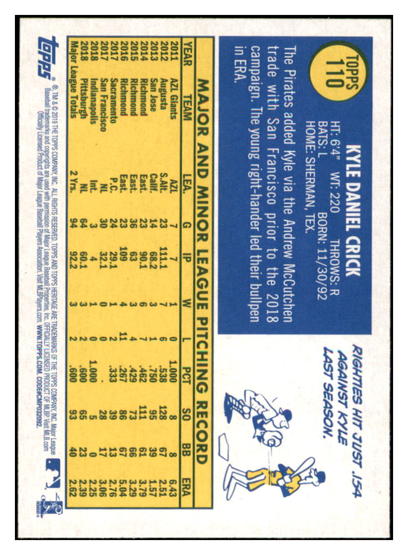 2019 Topps Heritage Kyle
  Crick   Pittsburgh Pirates Baseball
  Card TMH1A simple Xclusive Collectibles
