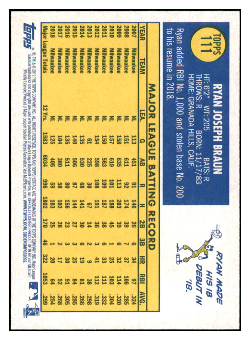 2019 Topps Heritage Ryan
Braun Milwaukee Brewers Baseball Card
TMH1A simple Xclusive Collectibles