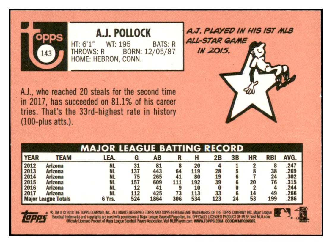 2018 Topps Heritage A.J.
Pollock Arizona Diamondbacks Baseball
Card TMH1A simple Xclusive Collectibles
