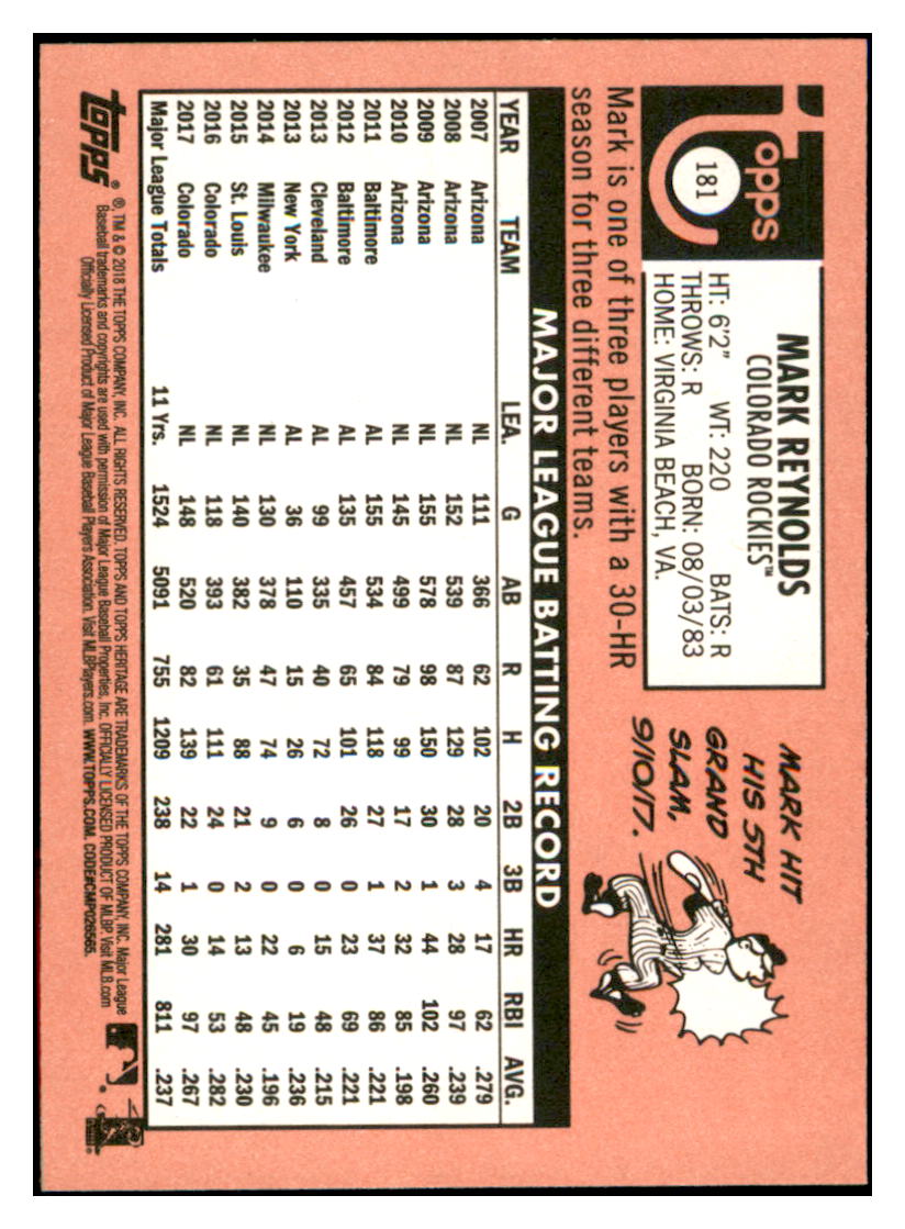 2018 Topps Heritage Mark
Reynolds Colorado Rockies Baseball
Card TMH1A simple Xclusive Collectibles