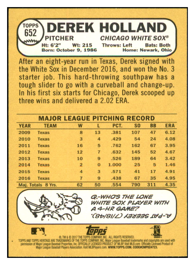 2017 Topps Heritage Derek
Holland Chicago White Sox Baseball
Card TMH1A simple Xclusive Collectibles