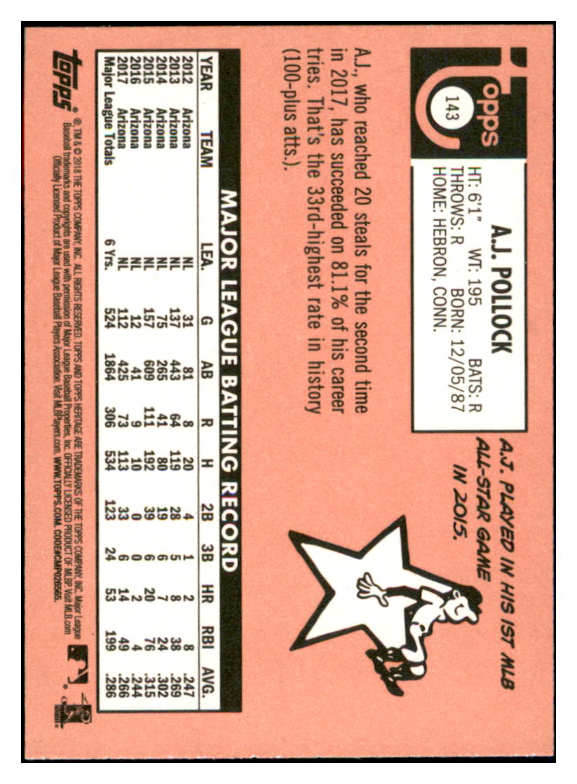 2018 Topps Heritage A.J.
  Pollock   Arizona Diamondbacks Baseball
  Card TMH1A_1a simple Xclusive Collectibles   