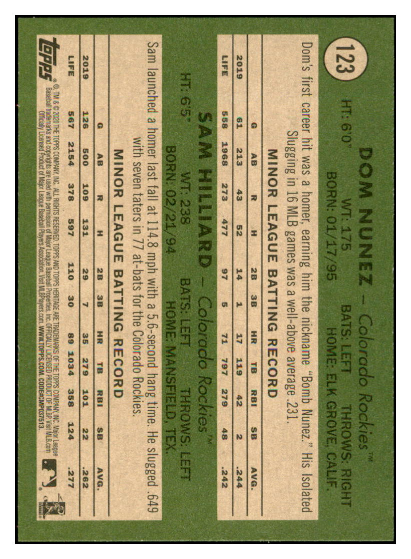 2020 Topps Heritage Dom Nunez
/ Sam Hilliard RS, RC Colorado
Rockies Baseball Card TMH1A simple Xclusive Collectibles