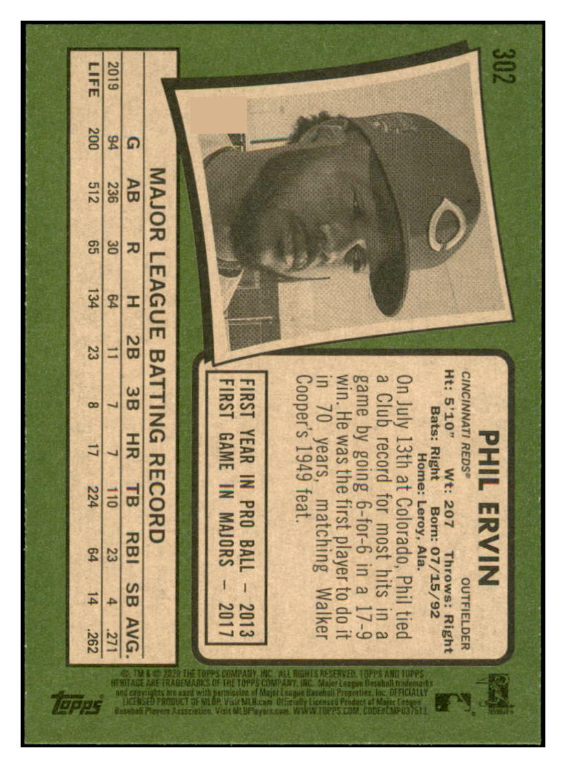 2020 Topps Heritage Phil Ervin Cincinnati Reds Baseball
  Card TMH1A simple Xclusive Collectibles   