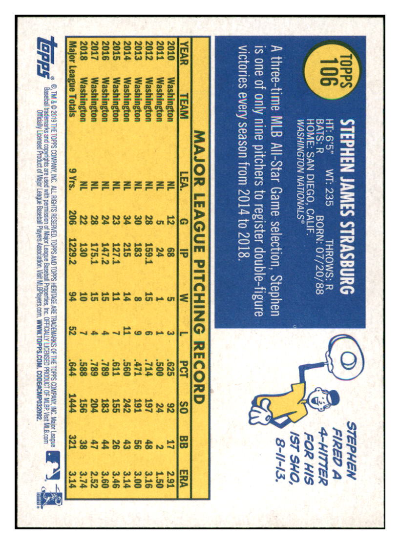 2019 Topps Heritage Stephen
  Strasburg   Washington Nationals
  Baseball Card TMH1A simple Xclusive Collectibles   