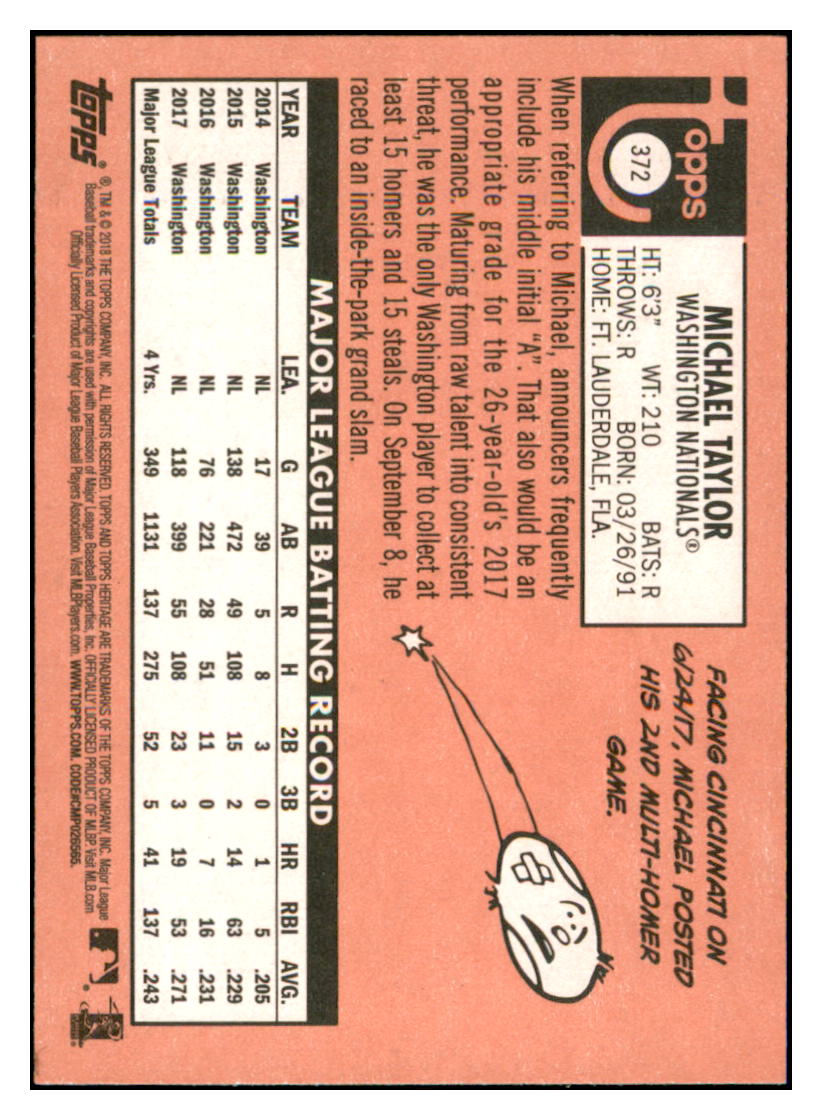 2018 Topps Heritage Michael
Taylor Washington Nationals Baseball
Card TMH1A simple Xclusive Collectibles