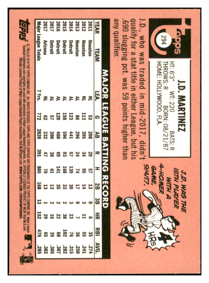 2018 Topps Heritage J.D.
Martinez Arizona Diamondbacks
Baseball Card TMH1A simple Xclusive Collectibles
