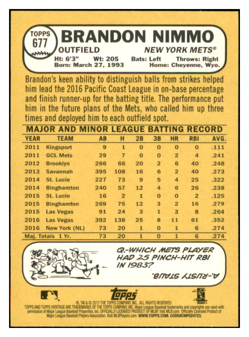 2017 Topps Heritage Brandon
Nimmo New York Mets Baseball Card
TMH1A simple Xclusive Collectibles