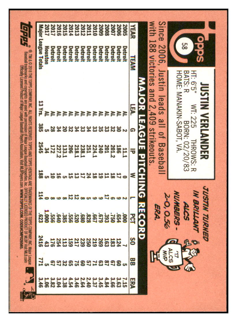 2018 Topps Heritage Justin
  Verlander   Houston Astros Baseball
  Card TMH1A simple Xclusive Collectibles