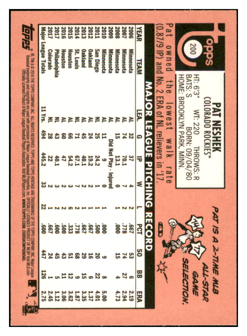 2018 Topps Heritage Pat
  Neshek   Colorado Rockies Baseball Card
  TMH1A simple Xclusive Collectibles