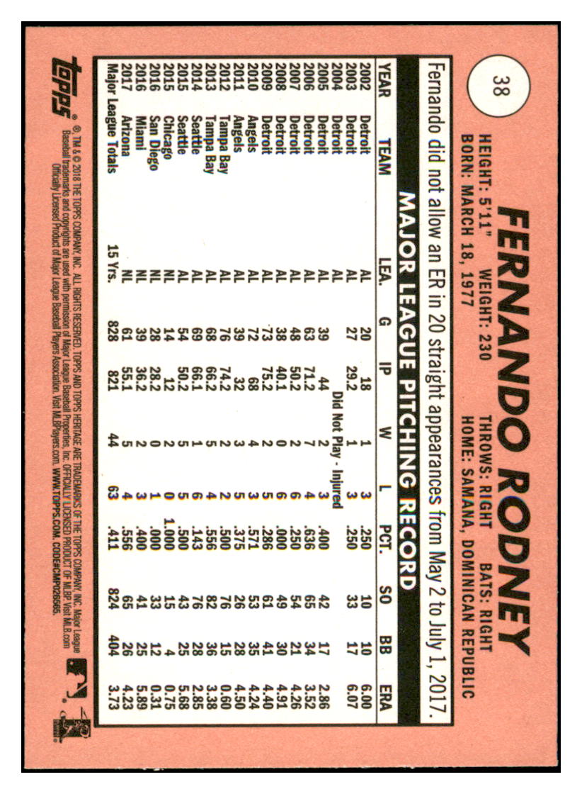 2018 Topps Heritage Fernando
  Rodney   Arizona Diamondbacks Baseball
  Card TMH1A simple Xclusive Collectibles   