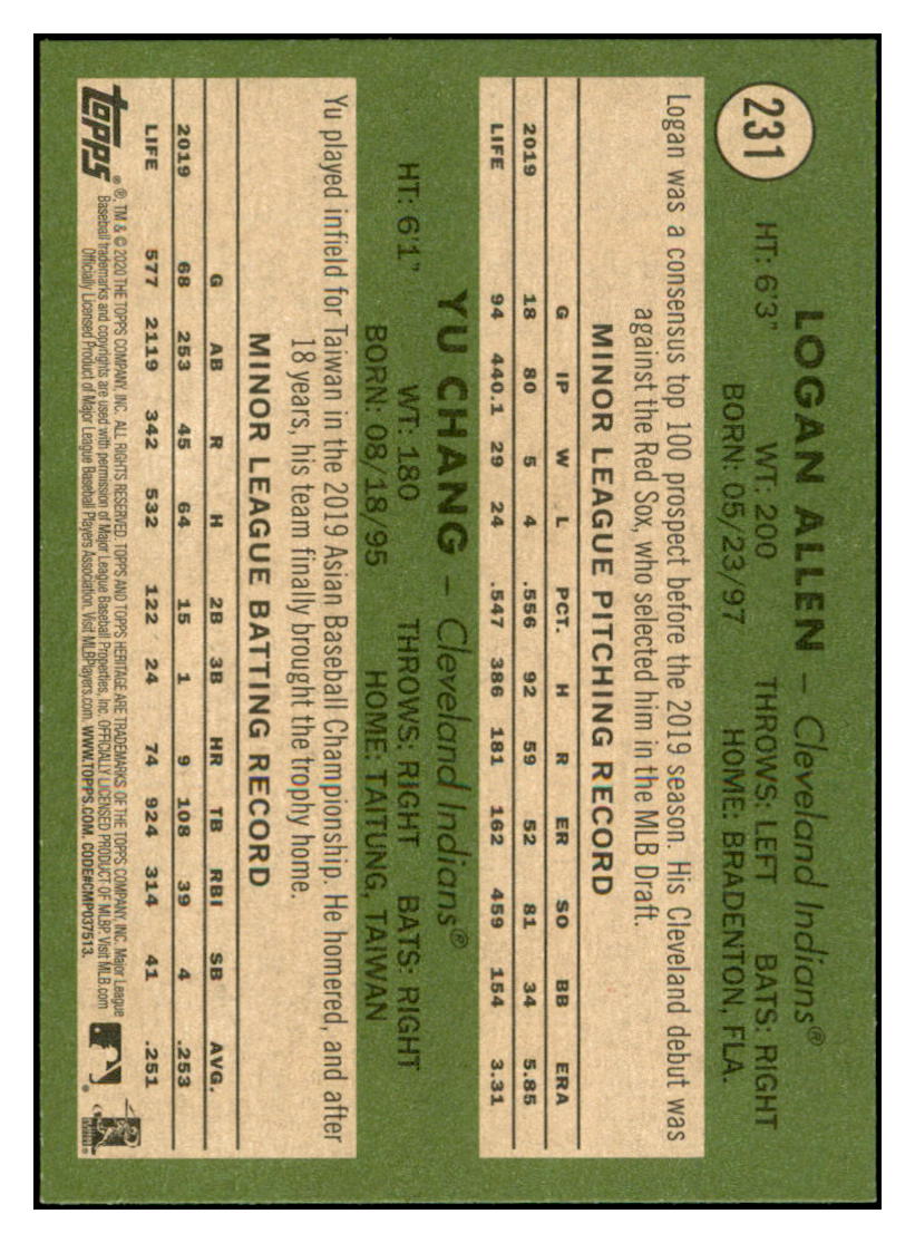 2020 Topps Heritage Logan
Allen / Yu Chang RS, RC Cleveland
Indians Baseball Card TMH1A simple Xclusive Collectibles