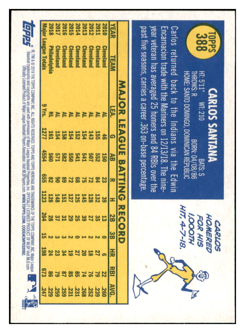 2019 Topps Heritage Carlos
  Santana   Cleveland Indians Baseball
  Card TMH1A simple Xclusive Collectibles