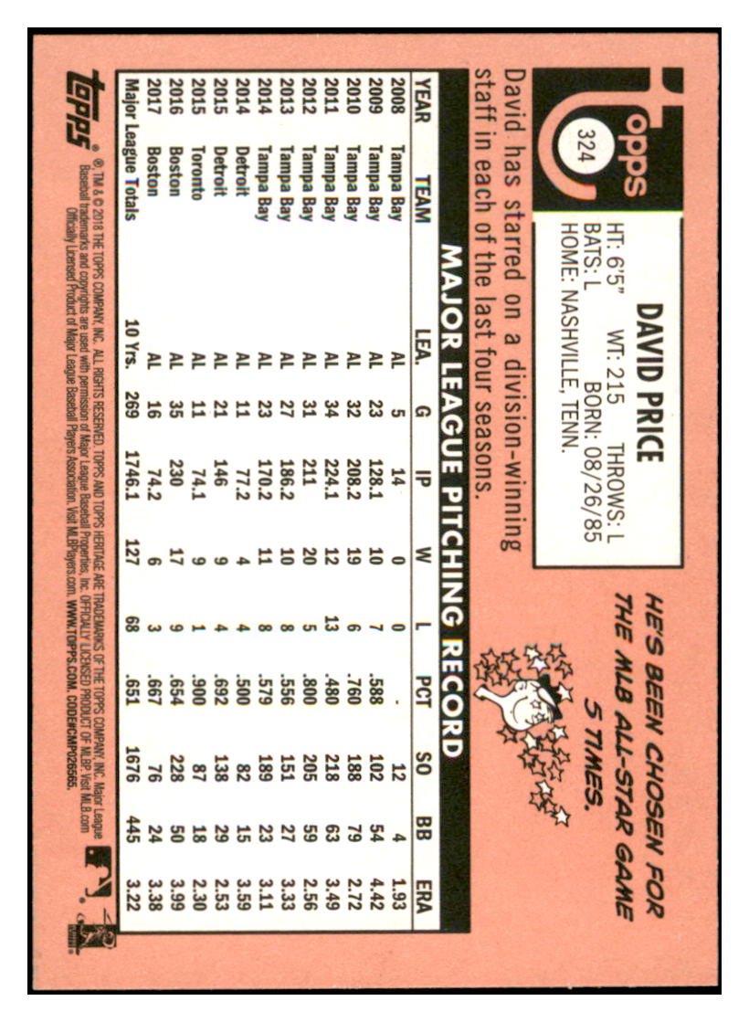 2018 Topps Heritage David
  Price Magenta Backs  PR10 Boston Red
  Sox Baseball Card TMH1A simple Xclusive Collectibles