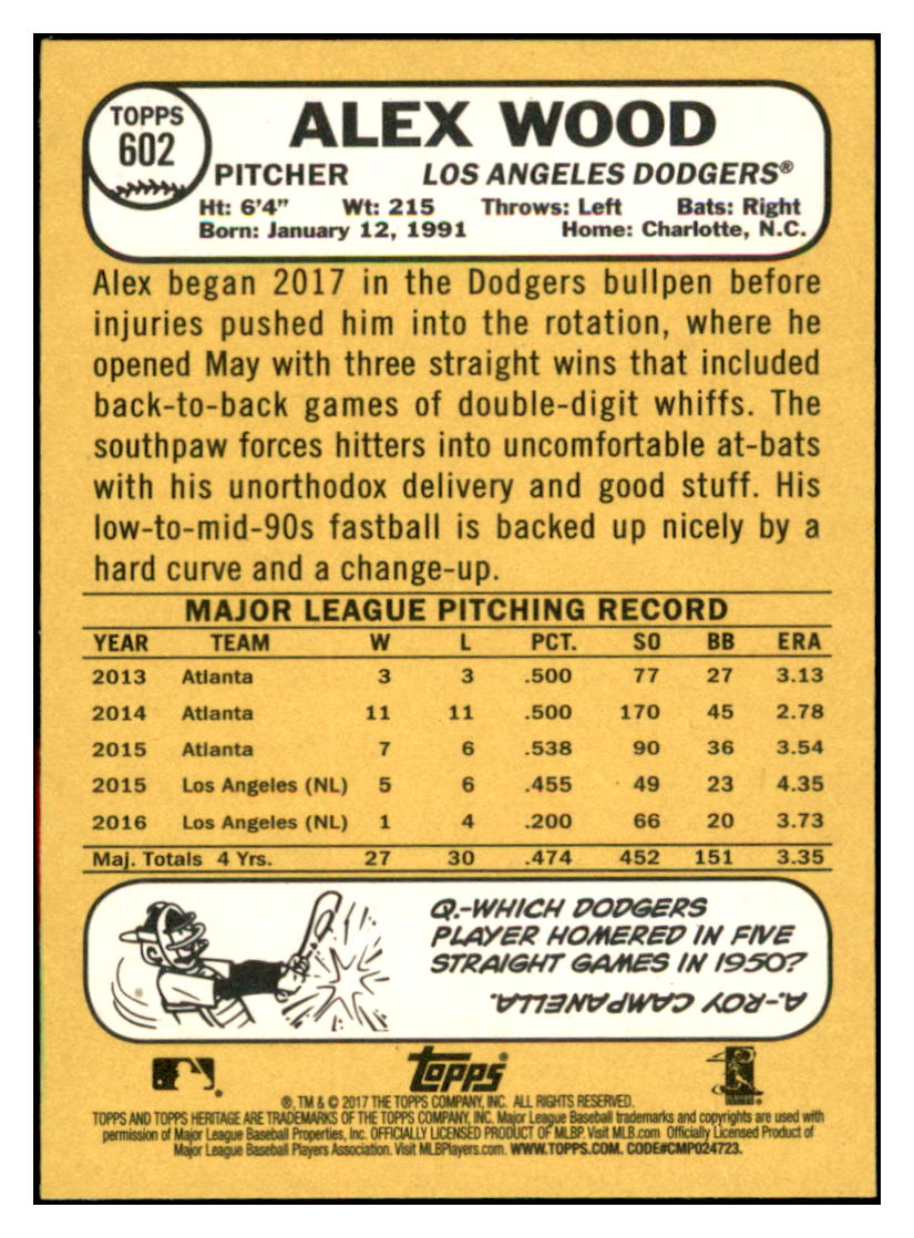 2017 Topps Heritage Alex
Wood Los Angeles Dodgers Baseball
Card TMH1A simple Xclusive Collectibles