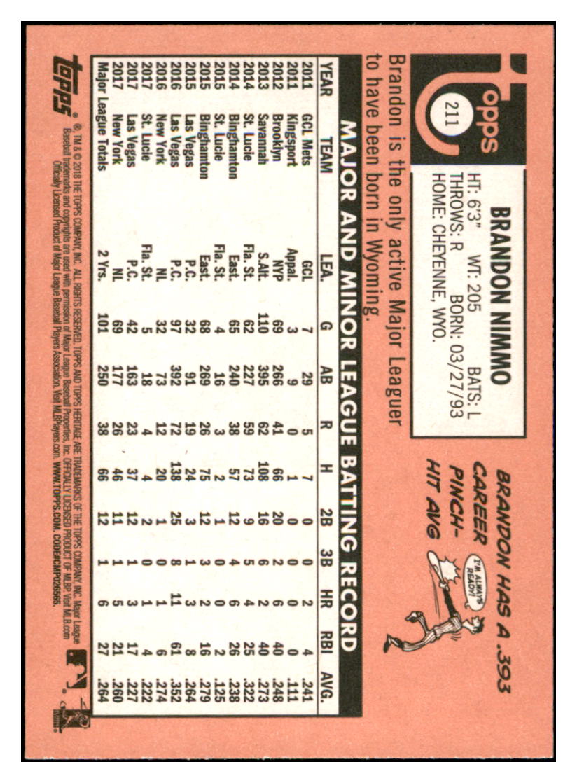 2018 Topps Heritage Brandon
Nimmo New York Mets Baseball Card
TMH1A simple Xclusive Collectibles
