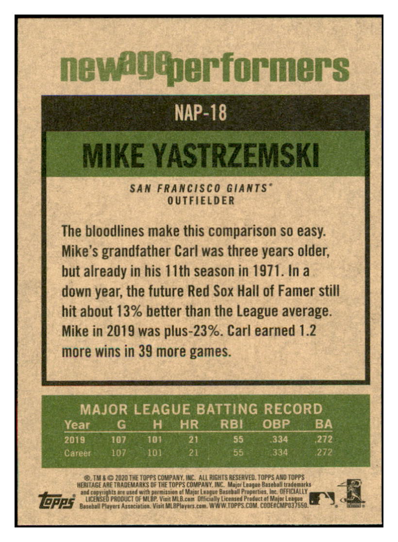 2020 Topps Heritage Mike
  Yastrzemski New Age Performers  San
  Francisco Giants Baseball Card TMH1A simple Xclusive Collectibles