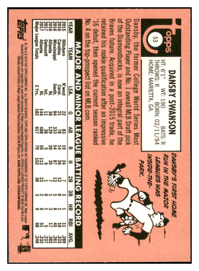 2018 Topps Heritage Dansby
  Swanson   Atlanta Braves Baseball Card
  TMH1A simple Xclusive Collectibles