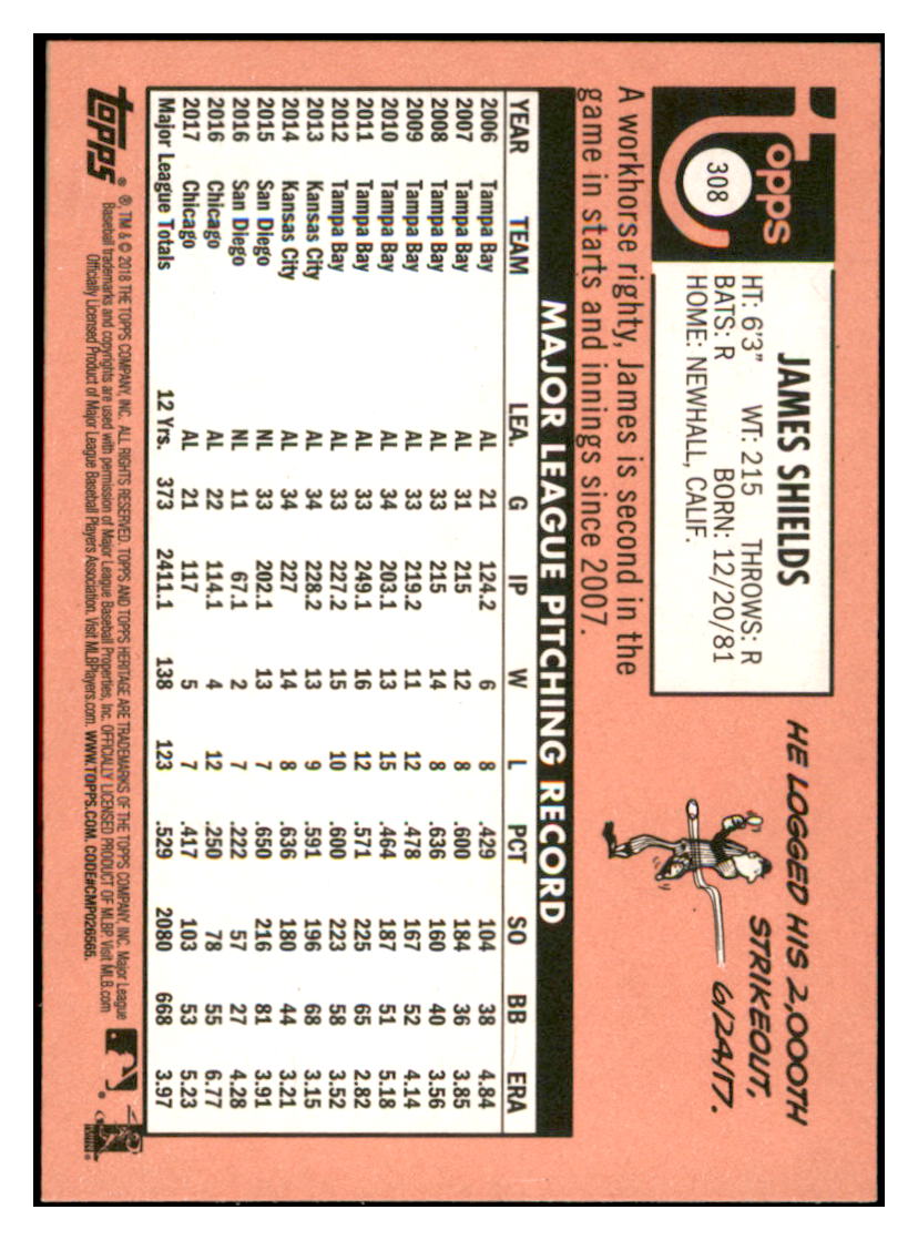 2018 Topps Heritage James
Shields Chicago White Sox Baseball
Card TMH1A simple Xclusive Collectibles