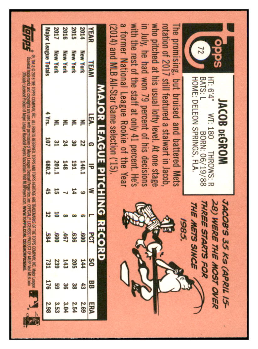 2018 Topps Heritage Jacob
deGrom New York Mets Baseball Card
TMH1A simple Xclusive Collectibles