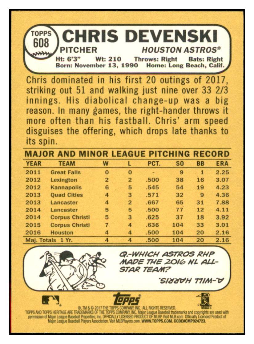 2017 Topps Heritage Chris
Devenski Houston Astros Baseball Card
TMH1A simple Xclusive Collectibles