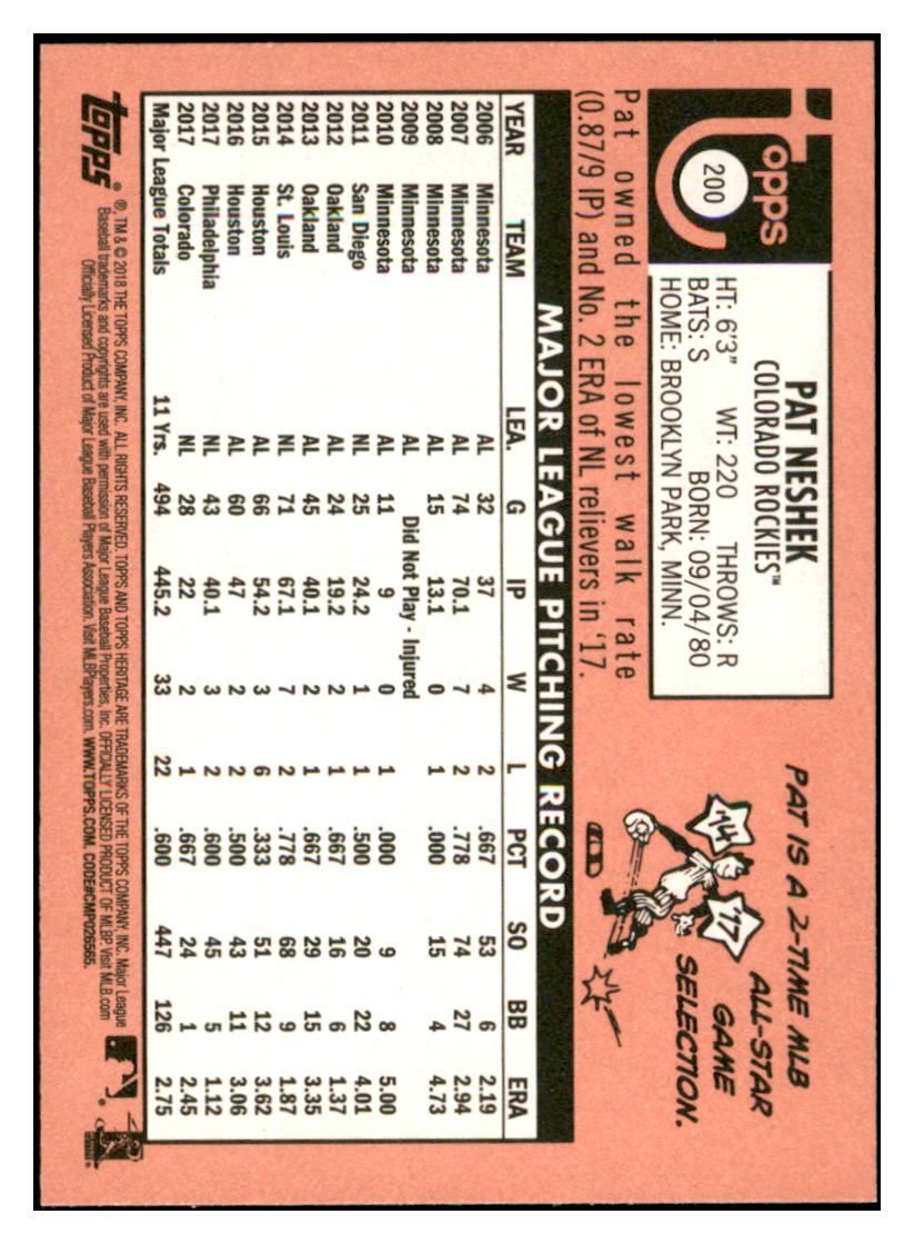 2018 Topps Heritage Pat
  Neshek   Colorado Rockies Baseball Card
  TMH1A_1a simple Xclusive Collectibles