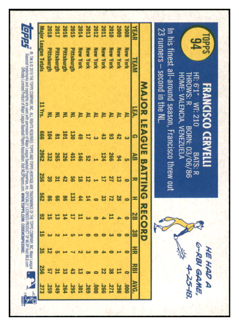 2019 Topps Heritage Francisco
  Cervelli   Pittsburgh Pirates Baseball
  Card TMH1A simple Xclusive Collectibles