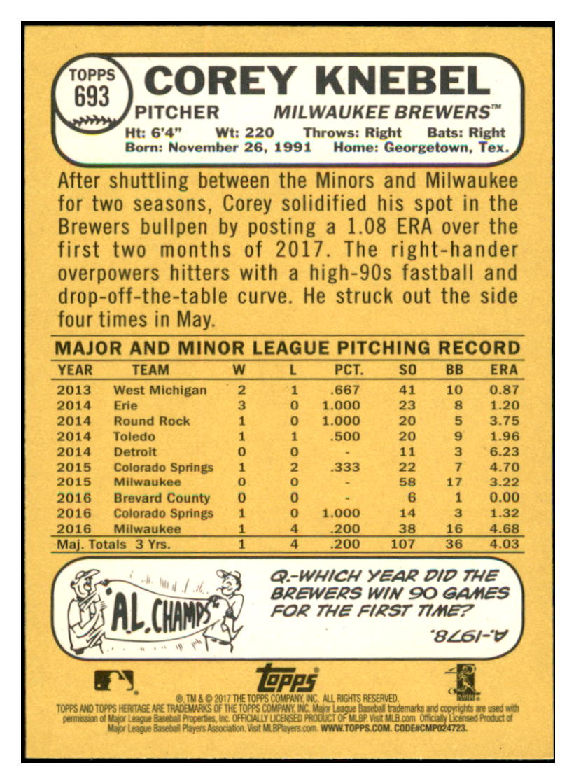 2017 Topps Heritage Corey
  Knebel   Milwaukee Brewers Baseball
  Card TMH1A simple Xclusive Collectibles