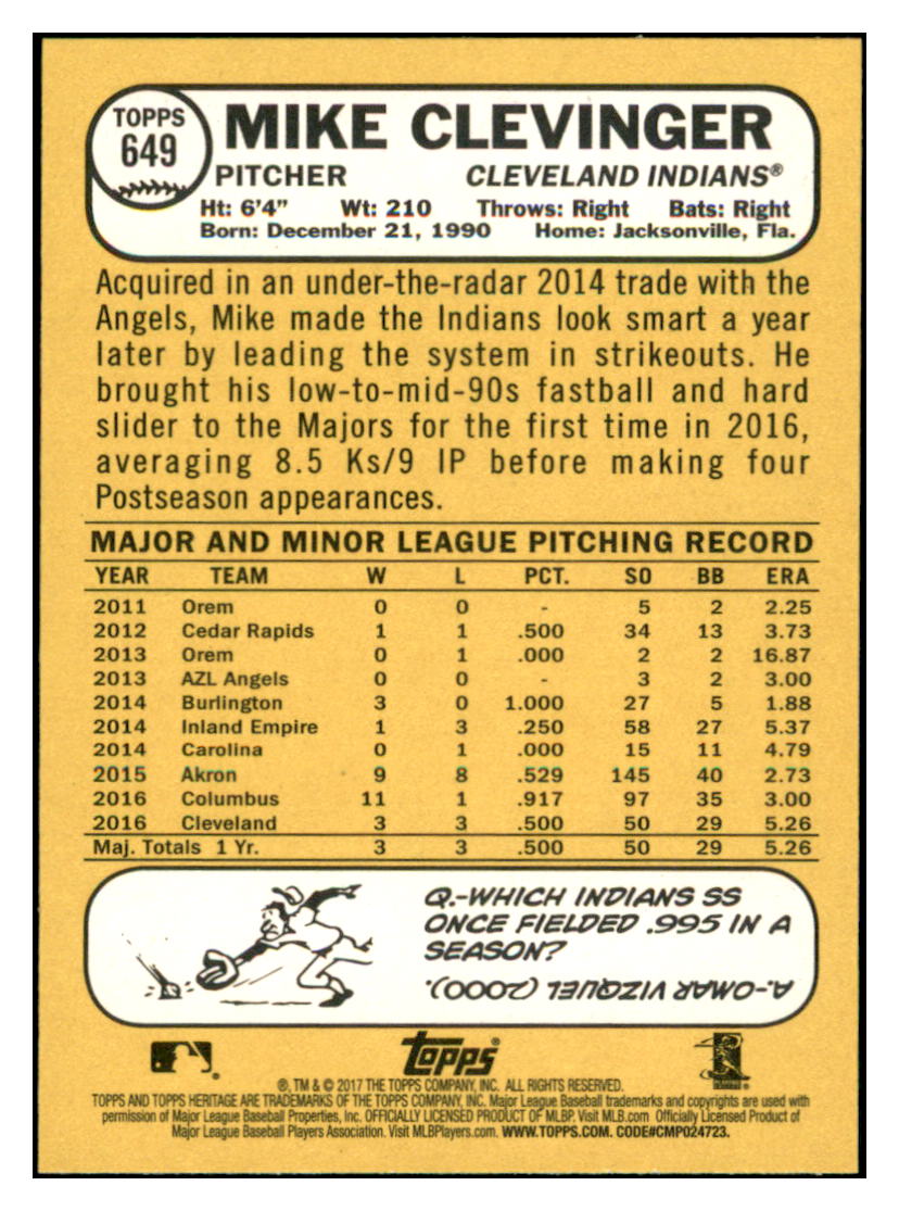 2017 Topps Heritage Mike
Clevinger Cleveland Indians Baseball
Card TMH1A simple Xclusive Collectibles