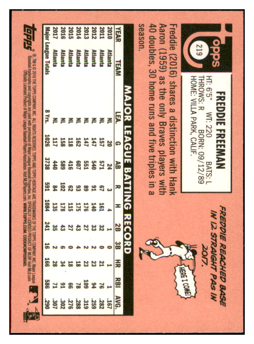 2018 Topps Heritage Freddie
  Freeman   Atlanta Braves Baseball Card
  TMH1A simple Xclusive Collectibles