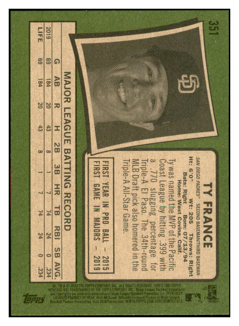 2020 Topps Heritage Ty France
White PR50 San Diego Padres Baseball
Card TMH1A simple Xclusive Collectibles