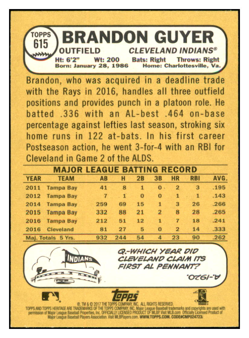 2017 Topps Heritage Brandon
  Guyer   Cleveland Indians Baseball Card
  TMH1A simple Xclusive Collectibles   