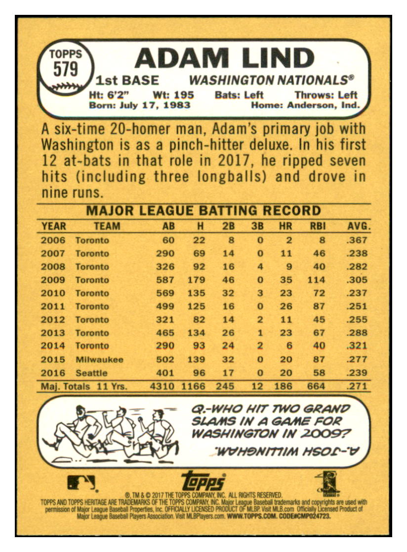 2017 Topps Heritage Adam
Lind Washington Nationals Baseball
Card TMH1A simple Xclusive Collectibles