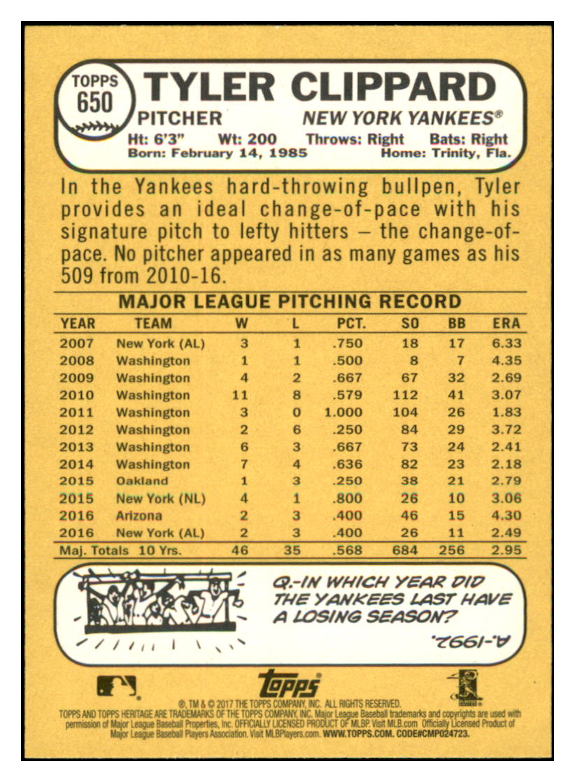 2017 Topps Heritage Tyler
Clippard New York Yankees Baseball
Card TMH1A simple Xclusive Collectibles