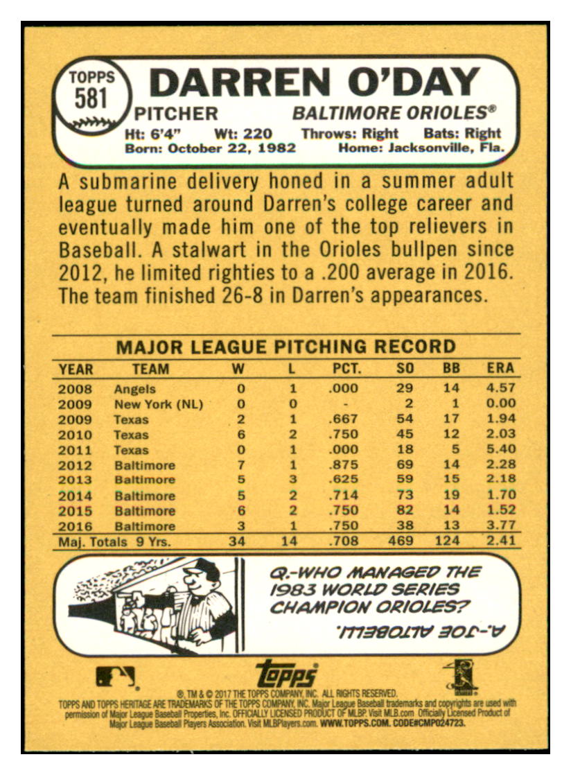 2017 Topps Heritage Darren
  O'Day   Baltimore Orioles Baseball Card
  TMH1A simple Xclusive Collectibles