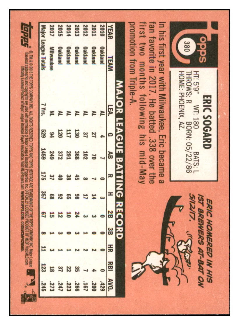 2018 Topps Heritage Eric
  Sogard   Milwaukee Brewers Baseball
  Card TMH1A simple Xclusive Collectibles