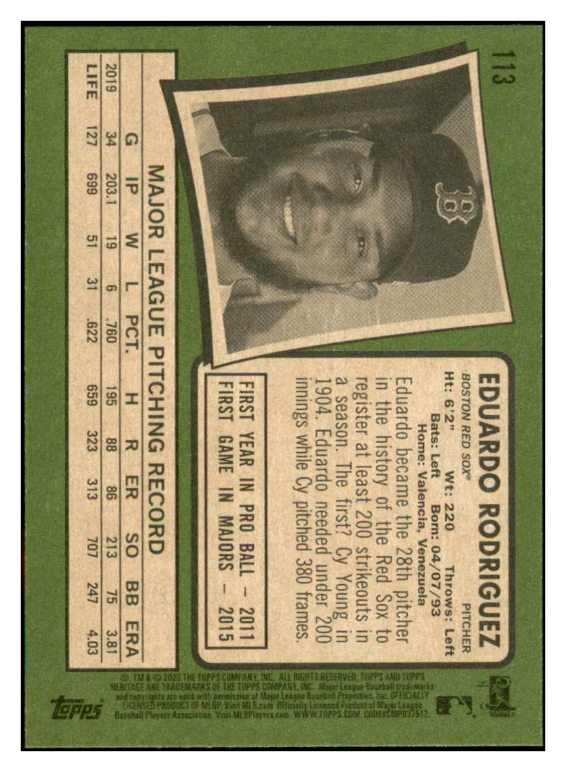 2020 Topps Heritage Eduardo
Rodriguez Boston Red Sox Baseball
Card TMH1A simple Xclusive Collectibles