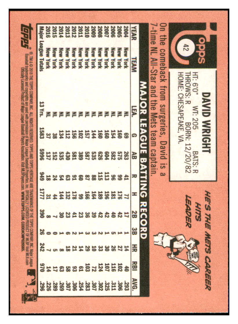 2018 Topps Heritage David
  Wright   New York Mets Baseball Card
  TMH1A simple Xclusive Collectibles