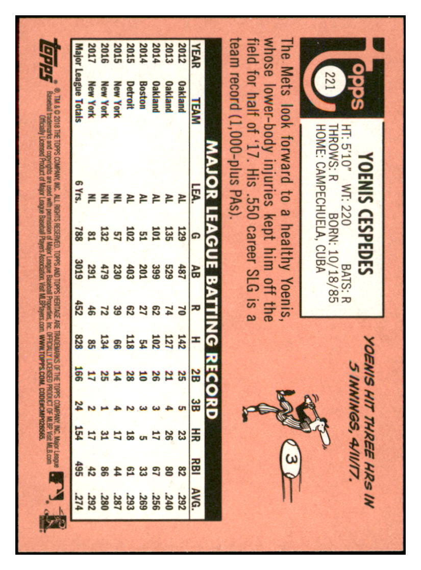 2018 Topps Heritage Yoenis Cespedes New York Mets Baseball Card TMH1A simple Xclusive Collectibles