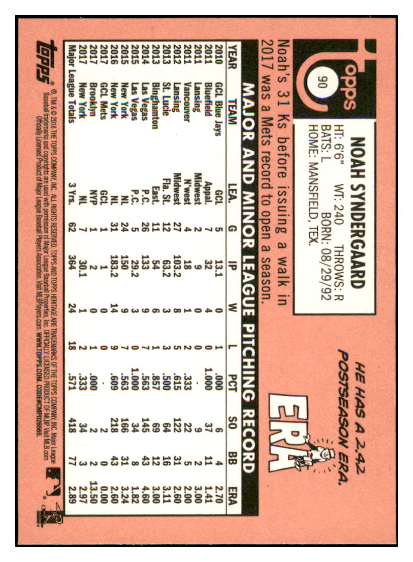 2018 Topps Heritage Noah
  Syndergaard   New York Mets Baseball
  Card TMH1A simple Xclusive Collectibles