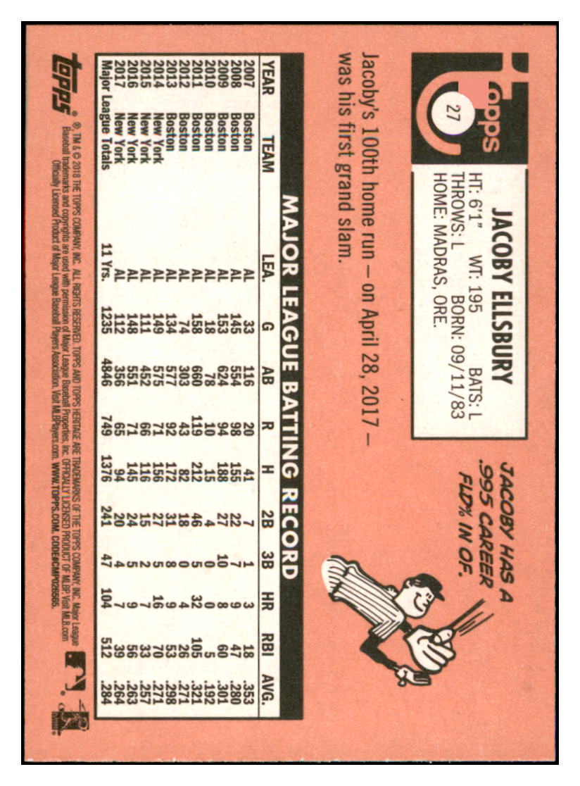 2018 Topps Heritage Jacoby
Ellsbury New York Yankees Baseball
Card TMH1A simple Xclusive Collectibles