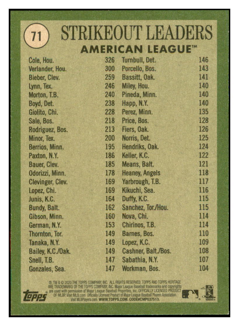 2020 Topps Heritage Gerrit
  Cole / Justin Verlander / Shane Bieber LL  
  Houston Astros / Cleveland Indians Baseball Card TMH1A simple Xclusive Collectibles