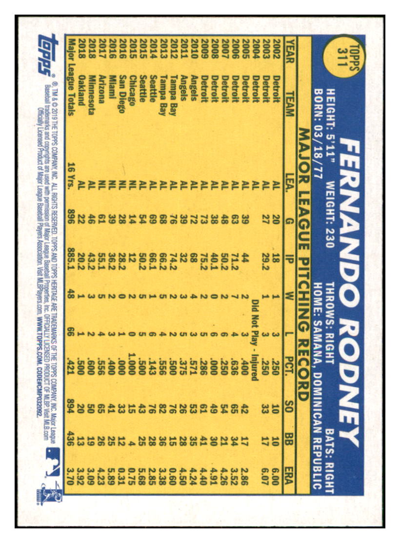 2019 Topps Heritage Fernando
Rodney Oakland Athletics Baseball
Card TMH1A simple Xclusive Collectibles