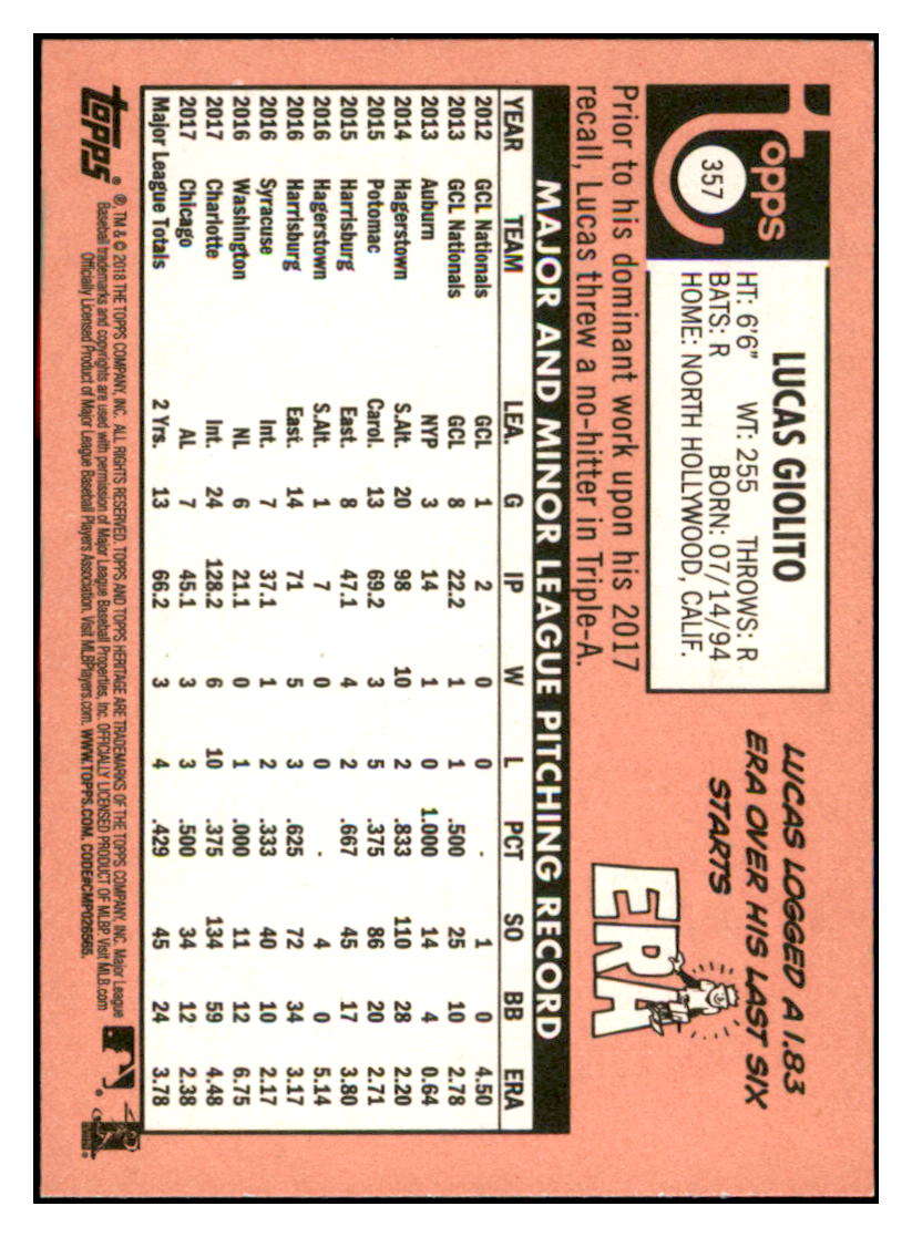 2018 Topps Heritage Lucas
Giolito Chicago White Sox Baseball
Card TMH1A simple Xclusive Collectibles
