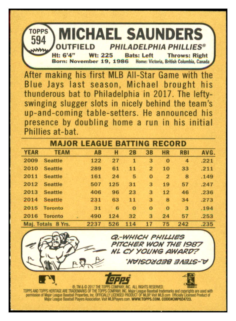 2017 Topps Heritage Michael
  Saunders   Philadelphia Phillies
  Baseball Card TMH1A simple Xclusive Collectibles