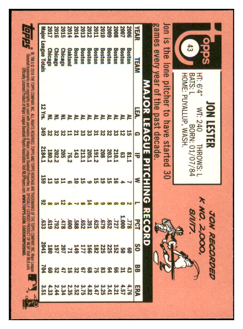 2018 Topps Heritage Jon
Lester Chicago Cubs Baseball Card
TMH1A simple Xclusive Collectibles